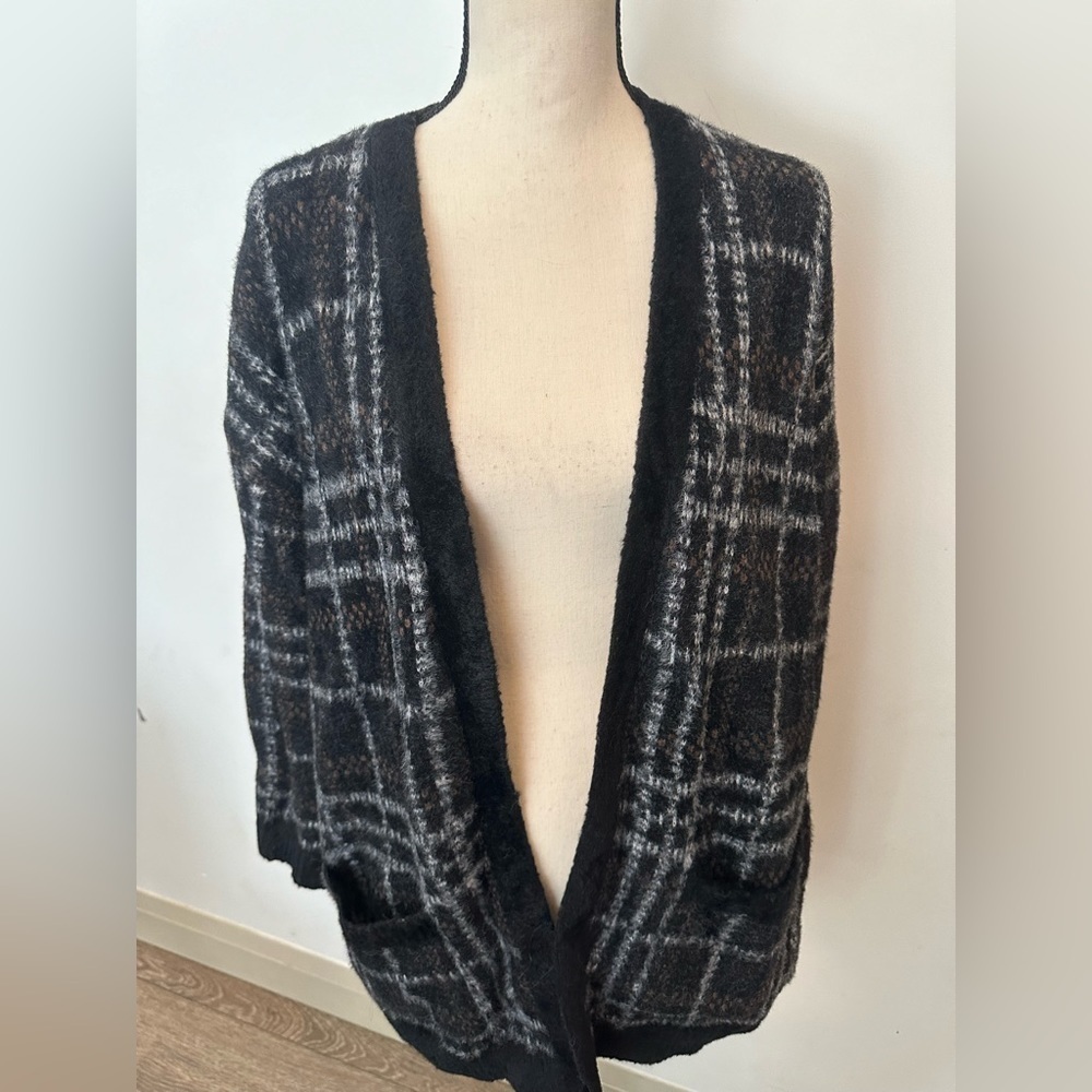🎄Joan Vass New York Fluffy Sweater Cardigan Black Long Pockets SZ  S
